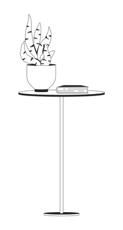 Minimal side table with snake plant and book 2D line object. Tabletop hardcover novel, flowerpot. Indoor greenery, furniture isolated clipart vector ink outline item. Monochrome spot illustrationのイラスト素材
