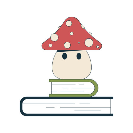 Cute mushroom character on books stack 2D cartoon object. Reading buddy. Learning fun. Fairytale fantasy amanita muscaria literature isolated element flat vector clip art on white. Spot illustrationのイラスト素材