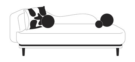 Eclectic chaise lounge with accent pillows 2D line object. Furniture cushions sofa. Cozy seating. Stylish interior furnishing isolated clipart vector ink outline item. Monochrome spot illustrationのイラスト素材