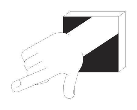 Hand pointing out of square frame outline illustration. Interactive command, input. Index finger gesture emerging from cube shape isolated 2D vector image black and white. Linear drawing clip artのイラスト素材