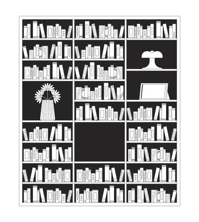 Large wooden bookshelf with retro decor items 2D line object. Home library. Hardcover novels, daisies vase, photo frame, lamp isolated clipart vector ink outline item. Monochrome spot illustrationのイラスト素材