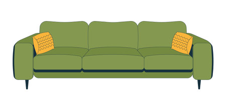 Olive green sofa with cushions 2D cartoon object. Living room, lounge area couch with throw pillows. Stylish interior cozy seating isolated element flat vector clip art on white. Spot illustrationのイラスト素材