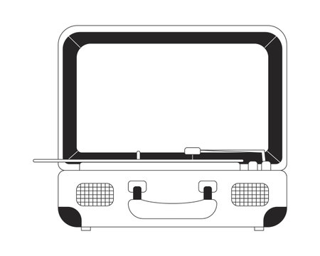 Vintage suitcase record player 2D line object. Open turntable. Music nostalgia. Portable audio decor. Analog style vinyl player isolated clipart vector ink outline item. Monochrome spot illustrationのイラスト素材