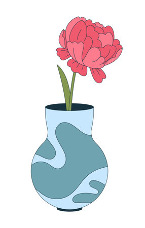 Decorative peony flower in patterned ceramic vase 2D cartoon object. Soft bloom in modern home decor. Artistic blossom flowerpot isolated element flat vector clip art on white. Spot illustrationのイラスト素材