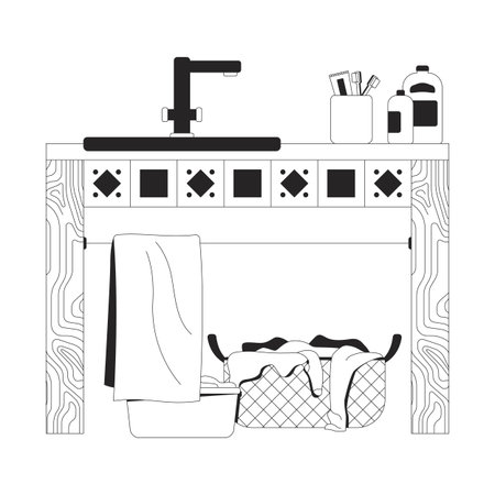 Laundry sink with storage basket 2D line object. Eclectic faucet, hanging towel, clothes basin, wicker hamper, toiletries isolated clipart vector ink outline item. Monochrome spot illustrationのイラスト素材