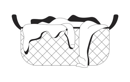 Overflowing laundry basket 2D line object. Clothing hamper with unwashed garments pile. Domestic chores. Clothes wicker container isolated clipart vector ink outline item. Monochrome spot illustrationのイラスト素材