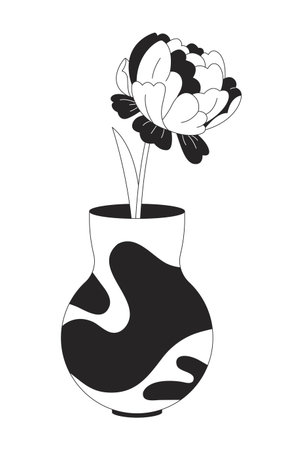 Decorative peony flower in patterned ceramic vase 2D line object. Soft bloom in modern home decor. Artistic blossom flowerpot isolated clipart vector ink outline item. Monochrome spot illustrationのイラスト素材