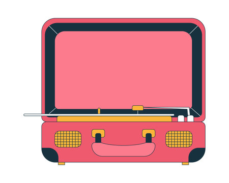 Vintage suitcase record player 2D cartoon object. Open turntable. Music nostalgia. Portable audio decor. Analog style vinyl player isolated element flat vector clip art on white. Spot illustrationのイラスト素材