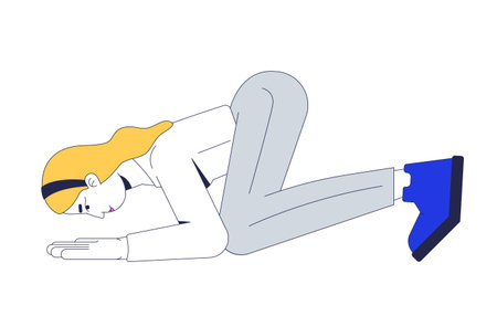 Humble blonde woman bowing in kneeling pose 2D cartoon character. Respect submission. Caucasian female adult in silent apology flat vector person isolated on white. Spot illustration colorfulのイラスト素材