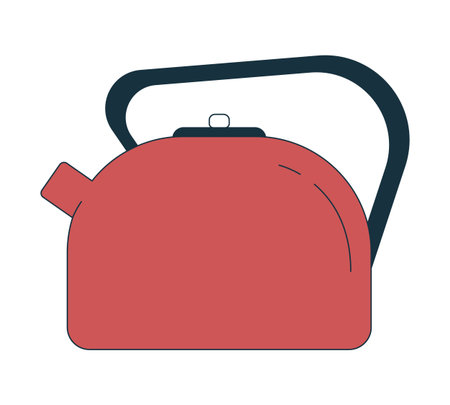 Red tea kettle with modern black handle 2D cartoon object. Kitchen tool. Stovetop kettle. Home appliance. Boiling water teakettle isolated element flat vector clip art on white. Spot illustrationのイラスト素材