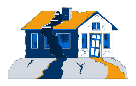Earthquake damaged house doodle cartoon illustration. Broken property. Quake zone. Cracked home split due to seismic disaster 2D flat object isolated on white. Doodleart hand-drawn drawing colorfulのイラスト素材