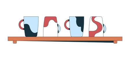 Artistic coffee mugs on wooden shelf 2D cartoon object. Ceramic drinkware. Coffeecups with bold abstract patterns. Kitchen decor isolated element flat vector clip art on white. Spot illustrationのイラスト素材