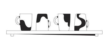 Artistic coffee mugs on wooden shelf 2D line object. Ceramic drinkware. Coffeecups with bold abstract patterns. Kitchen decor isolated clipart vector ink outline item. Monochrome spot illustrationのイラスト素材
