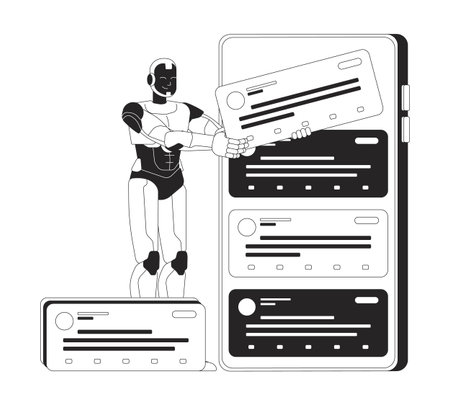 AI algorithms in digital content sorting line illustration concept. Artificial intelligence filtering out automated social media feed outline 2D character isolated. Ink linear metaphor vector artのイラスト素材