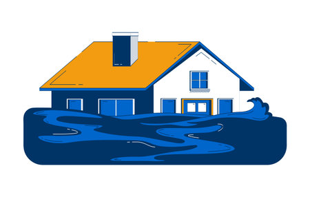 Flooded residential house doodle cartoon illustration. Property submerged in rising floodwater. Insurance claim. Home underwater 2D flat object isolated on white. Doodleart hand-drawn drawing colorfulのイラスト素材