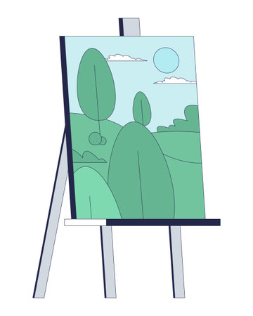 Easel with landscape painting 2D cartoon object. Unfinished canvas art stand. Artistic talent. Hillside tree scenery artwork isolated element flat vector clip art on white. Spot illustrationのイラスト素材
