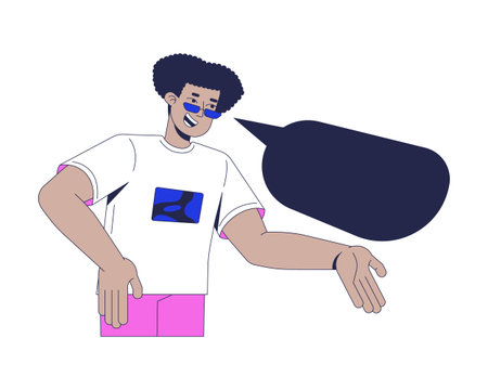 Stylish latino man speaking with black speech bubble 2D cartoon character. Casual hispanic guy in sunglasses with dialog box flat vector person isolated on white. Spot illustration colorfulのイラスト素材