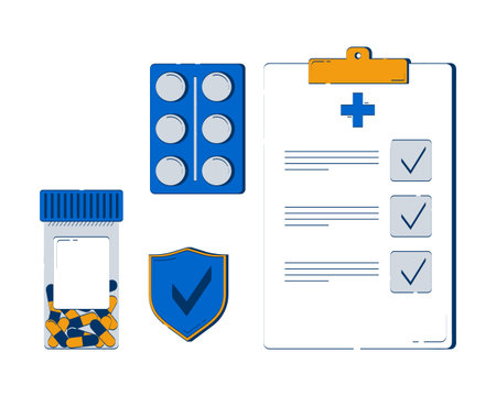Healthcare coverage and medication 2D doodle objects set. Health insurance. Pills prescription cartoon elements flat vector cliparts isolated on white background. Hand drawn illustrations collectionのイラスト素材