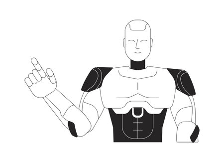Smiling robot gesturing upward with finger 2D line character. Technology mascot. Helpful guide....