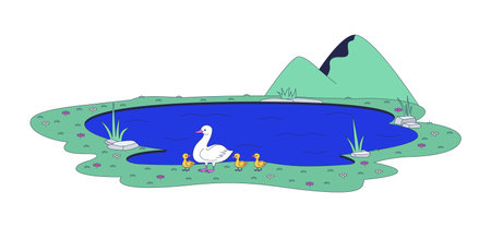 Duck and ducklings walking near pond 2D vector illustration. Mother goose goslings free range. Wild birds by lake mountain landscape flat scene isolated on white background. Colorful cartoon imageのイラスト素材