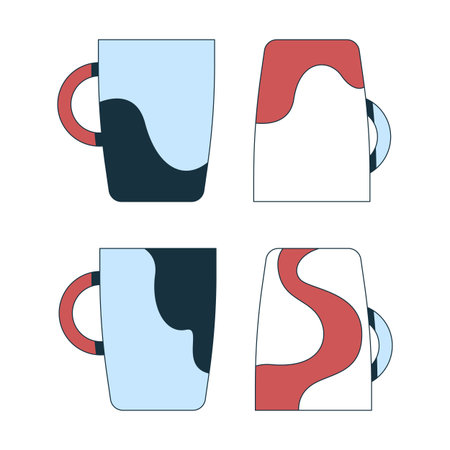 Artistic coffee mugs with abstract patterns 2D cartoon objects set. Ceramic cups home style. Coffeecups drinkware isolated elements flat vector clip arts on white. Spot illustrations collectionのイラスト素材
