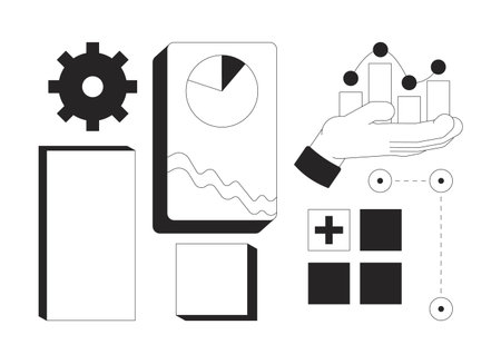 Data visualization with UI components 2D line objects set. Analytics. Gear, graph chart, hand holding, blank shapes isolated cliparts vector ink outline items. Monochrome spot illustrations collectionのイラスト素材