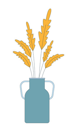 Rustic vase with dried wheat stems 2D cartoon object. Farmhouse style stalks bouquet. Autumn vibes. Dry arrangement. Country decor isolated element flat vector clip art on white. Spot illustrationのイラスト素材