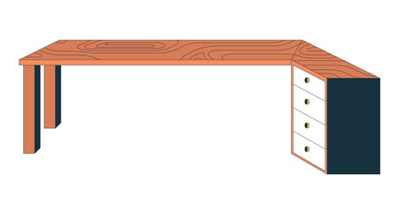 Modern L-shaped wooden desk with storage drawers 2D cartoon object. Office, home workspace furniture with natural woodgrain texture isolated element flat vector clip art on white. Spot illustrationのイラスト素材