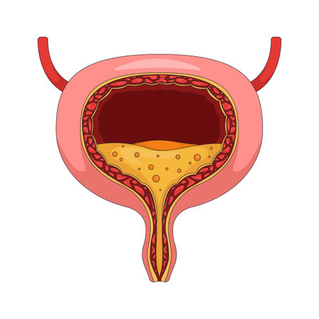 Human urinary bladder cross-section with urine 2D vector illustration. Biology diagram. Medical reference. Internal organ function flat object isolated on white background. Colorful cartoon imageのイラスト素材