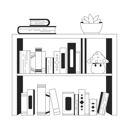 Decorative bookshelf with accessories 2D line object. Potted succulent, cozy reading corner. Books shelf with plant, mushroom toy isolated clipart vector ink outline item. Monochrome spot illustrationのイラスト素材