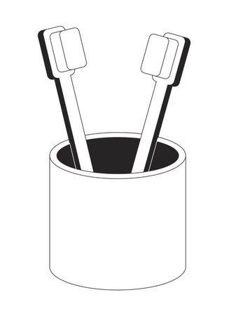 Toothbrush holder with wooden brushes 2D line object. Dental care. Bathroom essentials. Daily hygiene items. Toiletries isolated clipart vector ink outline item. Monochrome spot illustrationのイラスト素材