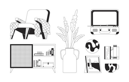 Cozy mid-century room furniture and decor 2D line objects set. Wooden armchair blanket, retro suitcase turntable isolated cliparts vector ink outline items. Monochrome spot illustrations collectionのイラスト素材