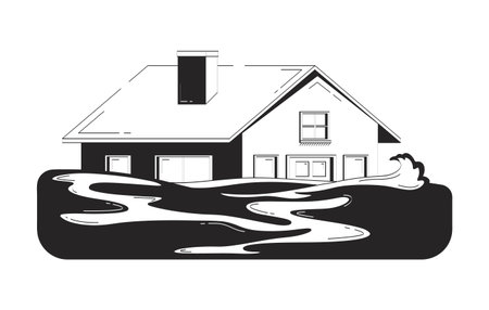 Flooded residential house doodle lineart illustration. Property submerged in rising floodwater. Insurance. Home underwater 2D line ink object isolated on white. Monochrome vector outline hand-drawnのイラスト素材