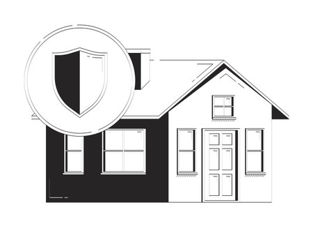 Shield symbols protects modern house doodle line illustration concept. Residential property insurance. Secure living. Home coverage safety 2D outline object isolated. Hand drawn ink metaphor monochromeのイラスト素材
