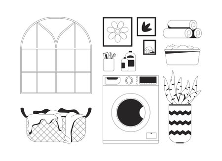 Laundry room essentials 2D line objects set. Washing machine, window, detergent, hamper, basin, wall art, towels isolated cliparts vector ink outline items. Monochrome spot illustrations collectionのイラスト素材