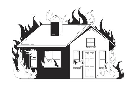 Burning house engulfed in flame doodle lineart illustration. Fire emergency. Residential blaze. Home arson. Property disaster 2D line ink object isolated on white. Monochrome vector outline hand-drawnのイラスト素材