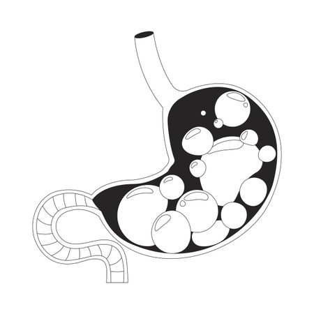 Gassy and bloated stomach with gas bubbles outline illustration. Digestive health. Indigestion symptom. Human organ cross-section 2D line object isolated on white. Monochrome vector ink linear imageのイラスト素材