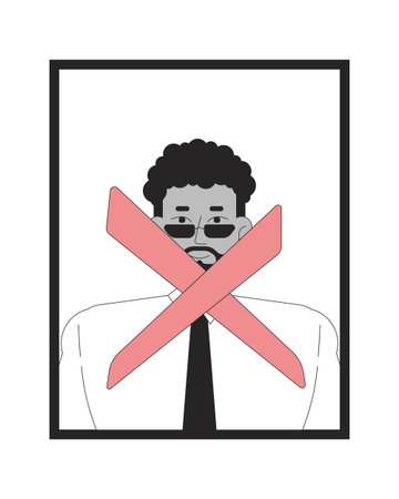 Dismissed black man professional crossed out 2D line character. HR, office worker laid off. African american male employee rejected isolated vector ink outline person. Monochromatic spot illustrationのイラスト素材