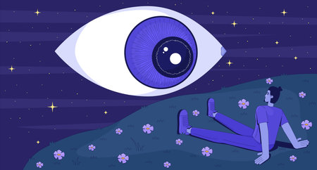 Surreal night man observing cosmic eye lofi wallpaper. Guy stargazing on hill under starry sky with esoteric giant eye 2D cartoon flat illustration. Vector art image lo fi aesthetic color backgroundのイラスト素材