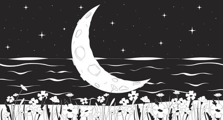 Crescent moon over flower field and lake at night line illustration backdrop. Whimsical nightscape moonlight with stars in the sky, flowers blooming 2D ink outline monochrome background. Lineart vectorのイラスト素材