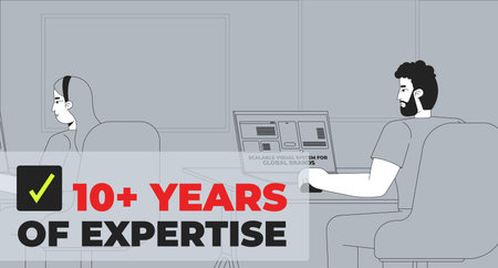 Designers team with ten years of expertise 2D illustration concept. Two professionals working on visual systems for brands cartoon conceptual abstract vector art. Flat metaphor on gray backgroundのイラスト素材