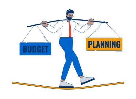 Budget balancing doodle illustration concept. Financial planning. Corporate stability. Black businessman walking on tightrope cartoon 2D character isolated on white. Hand drawn vector metaphorのイラスト素材