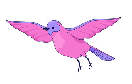 Cute bird flying with spread wings 2D cartoon character. Feathered animal. Songbird soaring in flight with outstretched wings flat vector animal isolated on white. Spot illustration colorfulのイラスト素材