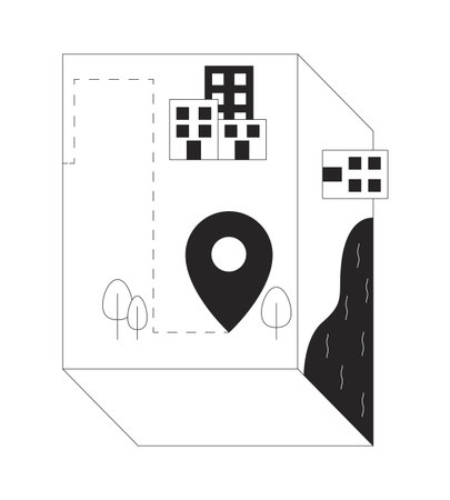 Isometric urban map with location pin 2D line object. Stylized buildings, trees and river on geometric shape. Navigation marker isolated clipart vector ink outline item. Monochrome spot illustrationのイラスト素材