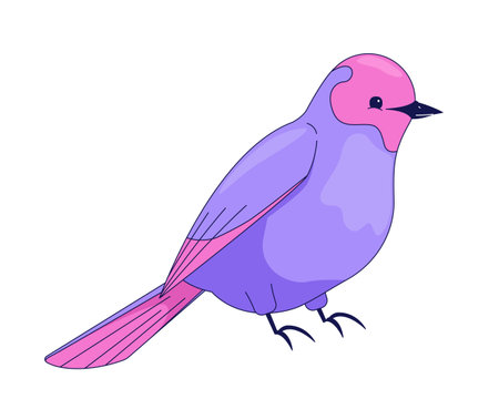 Perched purple bird with pink head 2D cartoon character. Songbird in side view sitting calmly with vibrant avian wings and feathers flat vector animal isolated on white. Spot illustration colorfulのイラスト素材