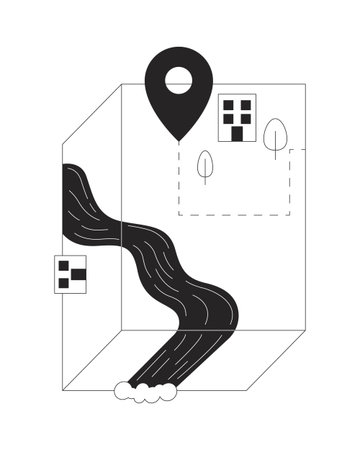 Riverfront map with location pinpoint 2D line object. Abstract isometric terrain with buildings, winding river and marker pin isolated clipart vector ink outline item. Monochrome spot illustrationのイラスト素材