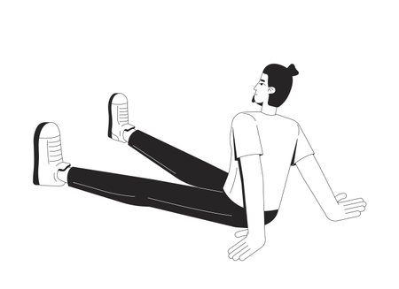 Casual man sitting on ground with relaxed pose 2D line character. Caucasian guy leaning back on arms with legs stretched out isolated vector ink outline person. Monochromatic spot illustrationのイラスト素材