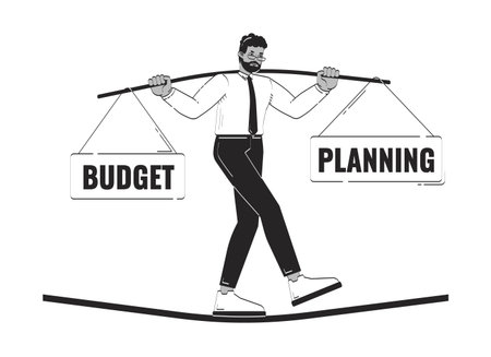 Budget balancing doodle line illustration concept. Financial planning. Corporate stability. Black businessman walking on tightrope 2D outline character isolated. Hand drawn ink metaphor monochromeのイラスト素材