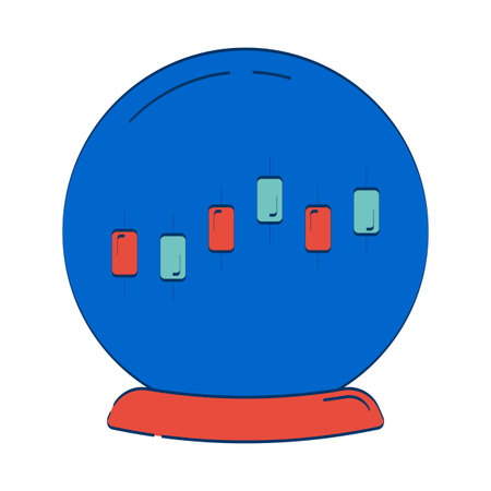 Stock market candlestick in fortune crystal ball 2D doodle object. Financial forecasting. Mystical trading cartoon element flat vector clipart isolated on white background. Hand drawn illustrationのイラスト素材