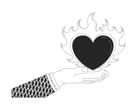 Stylized hand holding flaming heart outline illustration. Giving burning love. Y2K romance on fire. Passionate romantic gesture isolated 2D vector image black and white. Linear drawing clip artのイラスト素材